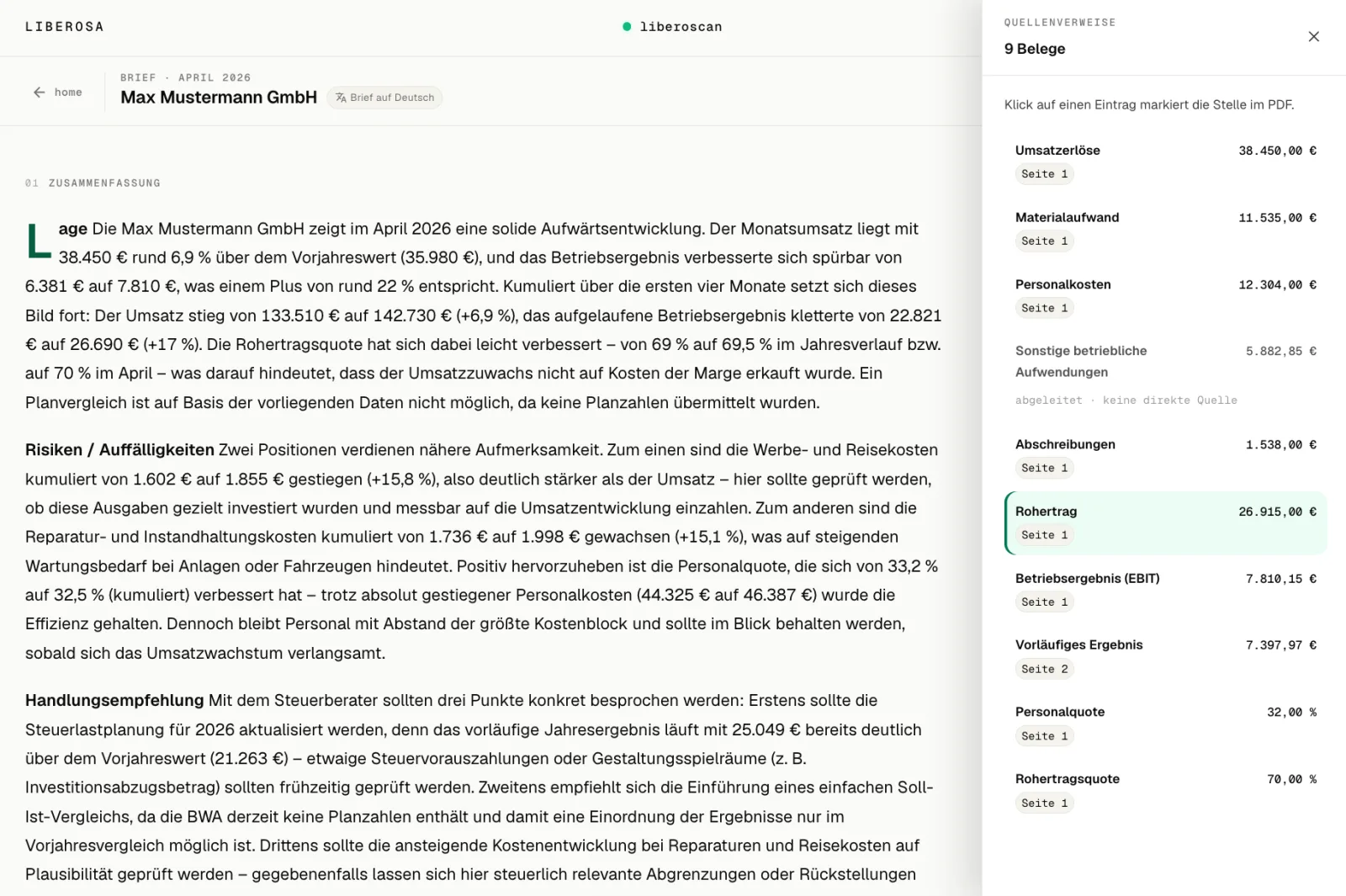 A finished Liberoscan briefing showing the summary and key-metric header